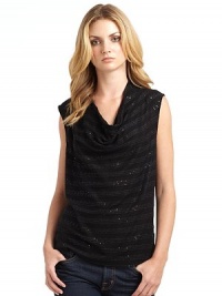 THE LOOKAllover sequin stripe designCowlneckTHE FITAbout 29 from shoulder to hemTHE MATERIAL85% viscose/15% polyesterCARE & ORIGINMachine washMade in USA of imported fabricModel shown is 5'9½ (176cm) wearing US size Small. THE LOOKAllover sequin stripe designCowlneckTHE FITAbout 29 from shoulder to hemTHE MATERIAL85% viscose/15% polyesterCARE & ORIGINMachine washMade in USA of imported fabricModel shown is 5'9½ (176cm) wearing US size Small.