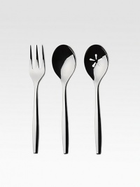 Handsome and elegant, this set of serving pieces make a dashing companion to almost any dinnerware. Set includes a serving spoon, slotted serving spoon and serving fork. 3 total pieces 18/10 stainless steel Machine wash Imported Handsome and elegant, this set of serving pieces make a dashing companion to almost any dinnerware. Set includes a serving spoon, slotted serving spoon and serving fork. 3 total pieces 18/10 stainless steel Machine wash Imported