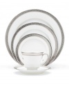 The unparalleled style of Noritake china has been gracefully setting tables for more than ninety years. The formal Crestwood Platinum dinnerware and dishes collection features crisp white china embellished with a shimmering border of interlocking scrolled leaves and an edge of polished platinum.