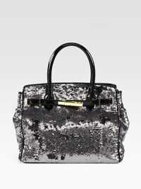 Channel old-Hollywood glamour in this sequined silk carryall finished with patent leather trim.Double top handles, 5¼ dropMagnetic top closureProtective metal feetOne inside zip pocketOne inside leather open pocketSatin lining11W X 13¼H X 6DImported
