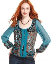 Velvet burnout details adds on-trend texture to this Lucky Brand Jeans sheer chiffon top -- perfect for dressing up denim! Velvet burnout details adds on-trend texture to this Lucky Brand Jeans sheer chiffon top -- perfect for dressing up denim!