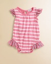 Fancy flutter sleeves and darling ruffles lend this cozy, striped one-piece a romantic touch.Round necklineShort flutter sleevesBack keyhole buttonBottom snaps42% polyester/29% supima cotton/29% modalMachine washImported Please note: Number of buttons and snaps may vary depending on size ordered. 