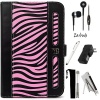 BLACK and PINK Zebra VanGoddy Dauphine Portfolio Jacket Cover Case For Amazon Kindle Fire HD 7 inch LCD Display + BLACK Travel USB Home Wall Charger Kit + Crystal Clear High Quality HD Noise Filter Ear buds Earphones Headphones With Mic ( 3.5mm Jack ) + H