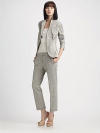 Crisp, striped seersucker, rendered in a menswear-inspired blazer silhouette.Notched lapelPatch pocketButton frontContrast pipingFully linedAbout 22 from shoulder to hem97% cotton/3% elastaneDry cleanImported of Italian fabricModel shown is 5'9 (175cm) wearing US size 4. Crisp, striped seersucker, rendered in a menswear-inspired blazer silhouette.Notched lapelPatch pocketButton frontContrast pipingFully linedAbout 22 from shoulder to hem97% cotton/3% elastaneDry cleanImported of Italian fabricModel shown is 5'9 (175cm) wearing US size 4.