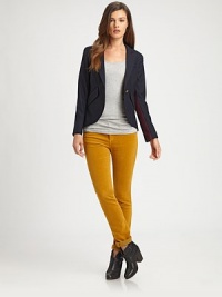 Inspired by the classic tuxedo jacket, this wool design features striking gilded buttons, muted contrast stripes and timeless tailored details.Notched collarLong sleevesPrincess seamsButton closureContrast stripesFlap pocketsBack ventsFully linedAbout 25 from shoulder to hemWoolDry cleanImported Model shown is 5'8½ (174cm) wearing US size 4. Inspired by the classic tuxedo jacket, this wool design features striking gilded buttons, muted contrast stripes and timeless tailored details.Notched collarLong sleevesPrincess seamsButton closureContrast stripesFlap pocketsBack ventsFully linedAbout 25 from shoulder to hemWoolDry cleanImported Model shown is 5'8½ (174cm) wearing US size 4.