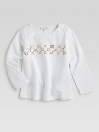 Crafted in stretchy cotton, this long-sleeved pullover features a gold studded GG pattern.CrewneckLong sleevesShoulder buttonsCotton/ElastaneDry cleanImported Crafted in stretchy cotton, this long-sleeved pullover features a gold studded GG pattern.CrewneckLong sleevesShoulder buttonsCotton/ElastaneDry cleanImported