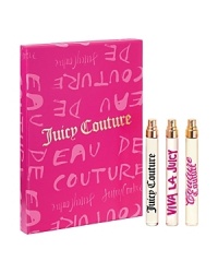 The complete couture fragrance wardrobe in one on-the-go set. Includes .33 fl. oz. Eau de Parfum Sprays in Juicy Couture and Viva la Juicy and a .33 fl. oz. Eau de Toilette Spray in NEW Viva la Juicy La Fleur. The complete couture fragrance wardrobe in one on-the-go set. Includes .33 fl. oz. Eau de Parfum Sprays in Juicy Couture and Viva la Juicy and a .33 fl. oz. Eau de Toilette Spray in NEW Viva la Juicy La Fleur.
