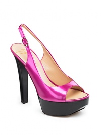 THE LOOKPeep-toeSlingback design with buckle closurePlatform silhouetteTHE FITHeel 5½ (140mm)Platform, 1½ (40mm)Compares to a 4 heel (100mm)THE MATERIALPatent leatherLeather lining and soleORIGINMade in Italy THE LOOKPeep-toeSlingback design with buckle closurePlatform silhouetteTHE FITHeel 5½ (140mm)Platform, 1½ (40mm)Compares to a 4 heel (100mm)THE MATERIALPatent leatherLeather lining and soleORIGINMade in Italy