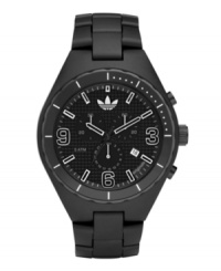 Understated black on black says you mean business. Cambridge watch by adidas crafted of black nylon plastic bracelet and round case with black aluminum turning bezel. Black grid-patterned chronograph dial features numerals at three, six and nine o'clock, stick indices, three subdials, three hands and logo. Quartz movement. Water resistant to 50 meters. Two-year limited warranty. Understated black on black says you mean business. Cambridge watch by adidas crafted of black nylon plastic bracelet and round case with black aluminum turning bezel. Black grid-patterned chronograph dial features numerals at three, six and nine o'clock, stick indices, three subdials, three hands and logo. Quartz movement. Water resistant to 50 meters. Two-year limited warranty.