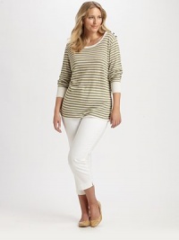 A lightweight linen blend sweater featuring nautical-inspired stripes and button details. Round neckLong sleevesButton details on shoulderSolid, ribbed trimPull-on styleAbout 32 from shoulder to hem45% linen/33% viscose/22% polyamideHand washImported of Italian fabric A lightweight linen blend sweater featuring nautical-inspired stripes and button details. Round neckLong sleevesButton details on shoulderSolid, ribbed trimPull-on styleAbout 32 from shoulder to hem45% linen/33% viscose/22% polyamideHand washImported of Italian fabric