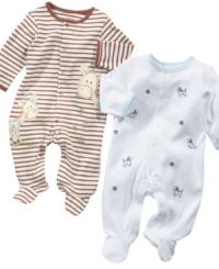 Talk to the animals! Everyone will want to socialize with him when he's sporting this adorable footed coverall from Little Me. Talk to the animals! Everyone will want to socialize with him when he's sporting this adorable footed coverall from Little Me.
