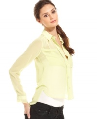 An asymmetrical hi-lo hem moves this BCBGeneration sheer shirt from staple to stylish -- a hot summer layering piece! An asymmetrical hi-lo hem moves this BCBGeneration sheer shirt from staple to stylish -- a hot summer layering piece!