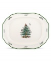 With an historic pattern and sculpted green edge, this Christmas Tree platter from Spode's collection of serveware and serving dishes is a festive gift to holiday dining. A full evergreen tree with baubles, tinsel and perfectly wrapped packages sets the table for celebration.