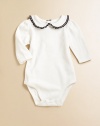 A sweet cotton one-piece features a ribbon-trimmed Peter Pan collar.Peter Pan collarLong puff sleevesBack buttonsBottom snapsCottonMachine washImported Please note: Number of buttons/snaps may vary depending on size ordered. 