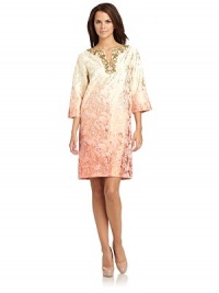 THE LOOKAllover metallic print with ombre fadingEmbellished necklineThree-quarter length sleevesBack zip with hook-and-eye closureTHE FITAbout 37 from shoulder to hemTHE MATERIAL55% polyester/30% cotton/15% metallicFully linedCARE & ORIGINSpot cleanImportedModel shown is 5'10 (177cm) wearing US size Small. THE LOOKAllover metallic print with ombre fadingEmbellished necklineThree-quarter length sleevesBack zip with hook-and-eye closureTHE FITAbout 37 from shoulder to hemTHE MATERIAL55% polyester/30% cotton/15% metallicFully linedCARE & ORIGINSpot cleanImportedModel shown is 5'10 (177cm) wearing US size Small.