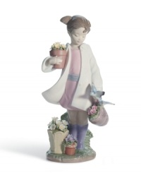 Grow your Lladro collection with the charming Delicate Nature figurine. A young girl gets to work outside, potting plants and feeding the birds.