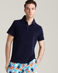 Terry cloth adds a new dimension of comfort to Vilebrequin's slim fit polo. Terry cloth adds a new dimension of comfort to Vilebrequin's slim fit polo.