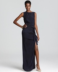 Make a major fashion statement in a silk Gryphon maxi dress. With knots running down the side of the silhouette leading to a high slit, this dramatic evening piece packs serious impact. Make a major fashion statement in a silk Gryphon maxi dress. With knots running down the side of the silhouette leading to a high slit, this dramatic evening piece packs serious impact.