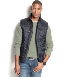 A zip up vest that keeps you warm while you stay cool: Ecko Unltd's sleeveless puffer with zipper-and-snap front and three snap-flap pockets. A zip up vest that keeps you warm while you stay cool: Ecko Unltd's sleeveless puffer with zipper-and-snap front and three snap-flap pockets.