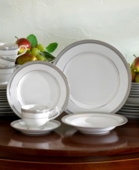 Well-suited for formal occasions, the regal Platinum Crown dinnerware and dishes set from Mikasa features elegant white porcelain trimmed with embossed platinum bands. Well-suited for formal occasions, the regal Platinum Crown dinnerware and dishes set from Mikasa features elegant white porcelain trimmed with embossed platinum bands.
