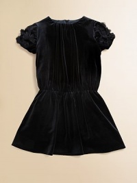 In lush velvet with flower details at the sleeves, this classic dress is perfect for stylish little ones.CrewneckGathered at neckBack zip closureShort sleeves with flower detailsElastic waistFull skirtPolyesterFully linedDry cleanMade in the USA of imported fabric In lush velvet with flower details at the sleeves, this classic dress is perfect for stylish little ones.CrewneckGathered at neckBack zip closureShort sleeves with flower detailsElastic waistFull skirtPolyesterFully linedDry cleanMade in the USA of imported fabric