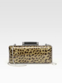 Ultra-glossy patent leather with a chic, muted leopard print; the perfect addition to your night.Detachable chain shoulder strap, 20½ dropTop clasp closureOne inside open pocketFully lined8W X 3H X 1¾DImported Ultra-glossy patent leather with a chic, muted leopard print; the perfect addition to your night.Detachable chain shoulder strap, 20½ dropTop clasp closureOne inside open pocketFully lined8W X 3H X 1¾DImported