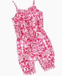 Start her day off with a little warm-weather flair in this tropical romper from DKNY. Start her day off with a little warm-weather flair in this tropical romper from DKNY.