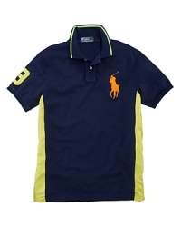 Bold pops of neon impart athletic appeal to a trim, athletic-fitting short-sleeved polo shirt in breathable cotton mesh.