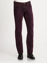 Rich, saturated beet color adds instant flare to this slim-straight fitting jean, crafted in hand-sanded denim for a soft finish. Five pocket styleFlocked and dyed interior front pockets and back yokeLogo detail at buttons, rivets and zipper tapeInseam, about 35CottonMachine washImportedWoven Exclusively For Robert Graham in Japan