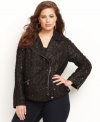 INC combines ladylike tweed with an edgy moto-inspired silhouette for a unique plus size jacket that's sure to turn heads. Sequin-flecked boucle fabric adds shine and touchable texture. (Clearance)