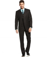 Update your cool classic look with a windowpane pattern on this 3-piece suit from Sean John. Update your cool classic look with a windowpane pattern on this 3-piece suit from Sean John.
