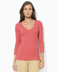 Lauren Jeans Co.'s fine-ribbed cotton top is crafted for superior comfort, and finished with chic three-quarter length sleeves and V-neckline for easy elegance. Lauren Jeans Co.'s fine-ribbed cotton top is crafted for superior comfort, and finished with chic three-quarter length sleeves and V-neckline for easy elegance.