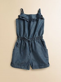 The cutest one-piece for your little girl, this lightweight ruffled romper is ready for stylish fun with adjustable straps, cuffed hem and pockets.Ruffled straight necklineAdjustable strapsPull-on styleBack elasticElastic waist with drawstring detailSide slash pocketsCuffed hem65% cotton/35% polyesterMachine washImported The cutest one-piece for your little girl, this lightweight ruffled romper is ready for stylish fun with adjustable straps, cuffed hem and pockets.Ruffled straight necklineAdjustable strapsPull-on styleBack elasticElastic waist with drawstring detailSide slash pocketsCuffed hem65% cotton/35% polyesterMachine washImported