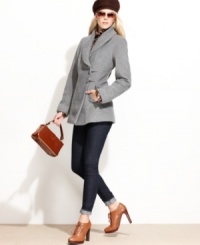 A knit collar and cuffs add a cozy touch to Vince Camuto's chic jacket. The tonal toggle closures give it a polished finishing touch. A knit collar and cuffs add a cozy touch to Vince Camuto's chic jacket. The tonal toggle closures give it a polished finishing touch.