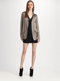 Lustrous silk-rich design in an on-trend length with slash pockets and a hint of stretch. Open front Slash pockets About 26 from shoulder to hem 90% silk/10% elastane Dry clean Made in USA of imported fabric Lustrous silk-rich design in an on-trend length with slash pockets and a hint of stretch. Open front Slash pockets About 26 from shoulder to hem 90% silk/10% elastane Dry clean Made in USA of imported fabric