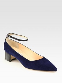 An updated version of the go-to suede silhouette, with a chic point toe and adjustable ankle strap for modern appeal. Stacked heel, 1½ (40mm)Suede upperPoint toeLeather lining and solePadded insoleMade in Italy An updated version of the go-to suede silhouette, with a chic point toe and adjustable ankle strap for modern appeal. Stacked heel, 1½ (40mm)Suede upperPoint toeLeather lining and solePadded insoleMade in Italy