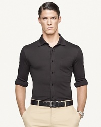 Exude sleek, modern style in the trim-fitting Bond shirt, rendered in slinky, liquid-like cotton interlock for supreme comfort and a handsome lustrous look. Exude sleek, modern style in the trim-fitting Bond shirt, rendered in slinky, liquid-like cotton interlock for supreme comfort and a handsome lustrous look.