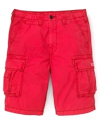 Featuring an on-trend burst of bright color, these casual cargo shorts ring in the season of warm weather with a bang. Featuring an on-trend burst of bright color, these casual cargo shorts ring in the season of warm weather with a bang.