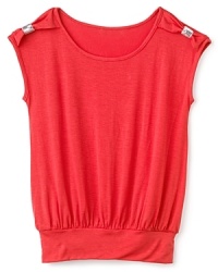 Aqua's fun sleeveless top structures her silhouette with a wide, banded waist, adding sequin bows at the shoulder for a touch of glam. Aqua's fun sleeveless top structures her silhouette with a wide, banded waist, adding sequin bows at the shoulder for a touch of glam.