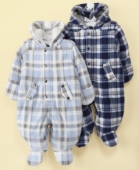 Keep baby cozy and warm in the cuddle-worthy fleece and classic polished plaid of this full-coverage snowsuit from First Impressions. Keep baby cozy and warm in the cuddle-worthy fleece and classic polished plaid of this full-coverage snowsuit from First Impressions.
