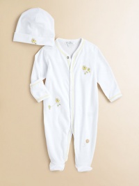 An adorable footie and hat set for your newborn, crafted in plush pima cotton with snap closures, contrast trim and owl embroidery.V-neckLong sleeves with mitten cuffsFront snapsBottom snapsPima cottonMachine washImported Please note: Number of snaps may vary depending on size ordered. An adorable footie and hat set for your newborn, crafted in plush pima cotton with snap closures, contrast trim and owl embroidery.V-neckLong sleeves with mitten cuffsFront snapsBottom snapsPima cottonMachine washImported Please note: Number of snaps may vary depending on size ordered.
