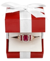 Crimson bliss. Emerald-cut rubies (1-5/8 ct. t.w.) edged by round-cut diamonds (1/5 ct. t.w.) adorn this brilliantly-hued ring. Set in 14k rose gold. Crimson bliss. Emerald-cut rubies (1-5/8 ct. t.w.) edged by round-cut diamonds (1/5 ct. t.w.) adorn this brilliantly-hued ring. Set in 14k rose gold.