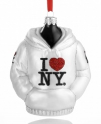 Bundle up your Christmas tree with big city style in this shiny, snow-white I Love NY hoodie ornament from Kurt Adler. Bundle up your Christmas tree with big city style in this shiny, snow-white I Love NY hoodie ornament from Kurt Adler.