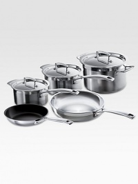 This essential collection of Le Creuset stainless steel is perfect for newlyweds or a new kitchen. Tri-ply construction with full aluminum cores provide even, all-around heat distribution while eliminating hot-spots and scorching. The set includes a nonstick omelet pan, fry pan, two saucepans with lids and a stockpot with lid. This essential collection of Le Creuset stainless steel is perfect for newlyweds or a new kitchen. Tri-ply construction with full aluminum cores provide even, all-around heat distribution while eliminating hot-spots and scorching. The set includes a nonstick omelet pan, fry pan, two saucepans with lids and a stockpot with lid.