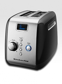 A two-slice, one-touch motorized lift control toaster features an LCD display with a digital progress bar and extra-wide 1.5 slots that accept the thickest bagels, breads or pastries.For use with US power sockets only. Adaptable for use in Europe with a converter.Durable temperature knob with light/dark indicatorAll-metal constructionRemovable crumb trayLCD display with digital progress barKeep Warm, Bagel, Defrost, Reheat, and Toast/Cancel buttons Imported A two-slice, one-touch motorized lift control toaster features an LCD display with a digital progress bar and extra-wide 1.5 slots that accept the thickest bagels, breads or pastries.For use with US power sockets only. Adaptable for use in Europe with a converter.Durable temperature knob with light/dark indicatorAll-metal constructionRemovable crumb trayLCD display with digital progress barKeep Warm, Bagel, Defrost, Reheat, and Toast/Cancel buttons Imported