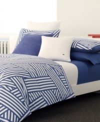 A new twist on nautical. Lacoste's Regate comforter set dresses your bed in seaworthy style with a bold print of intertwined, layered stripes in dutch blue and pure white. Featuring pure cotton twill; shams feature overlap closure. (Clearance) A new twist on nautical. Lacoste's Regate comforter set dresses your bed in seaworthy style with a bold print of intertwined, layered stripes in dutch blue and pure white. Featuring pure cotton twill; shams feature overlap closure. (Clearance)