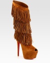A towering platform silhouette of buttery suede, with playful layered fringe for movement with every step. Self-covered heel, 6¼ (155mm)Hidden platform, 2½ (65mm)Compares to a 3¾ heel (95mm)Shaft, 11¼Leg circumference, 16Suede upperLeather liningSignature red leather solePadded insoleMade in Italy