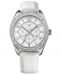 A rich leather watch from Tommy Hilfiger with Swarovski sparkle for added glam. A rich leather watch from Tommy Hilfiger with Swarovski sparkle for added glam.