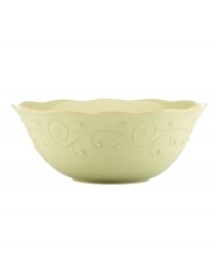 With fanciful beading and a feminine edge, this Lenox French Perle serving bowl has an irresistibly old-fashioned sensibility. Hard-wearing stoneware is dishwasher safe and, in a soft pistachio hue with antiqued trim, a graceful addition to every meal. With fanciful beading and a feminine edge, this Lenox French Perle serving bowl has an irresistibly old-fashioned sensibility. Hard-wearing stoneware is dishwasher safe and, in a soft pistachio hue with antiqued trim, a graceful addition to every meal.