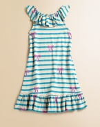 Sweet bows, stripes and flirty ruffles are the perfect frilly, feminine adornments for this a-line frock.Ruffled jewelneckSleevelessPullover styleA-line silhouetteRuffled hem51% spandex/49% cottonMachine washImported